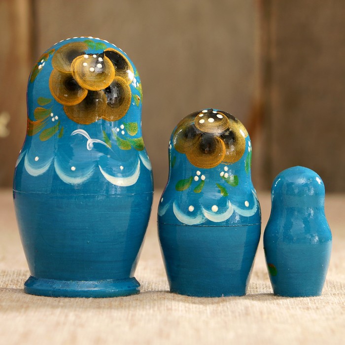 Матрёшка «Цветочек», бирюзовое платье, чёрно-золотой цветок, 3 кукольная, 10 см