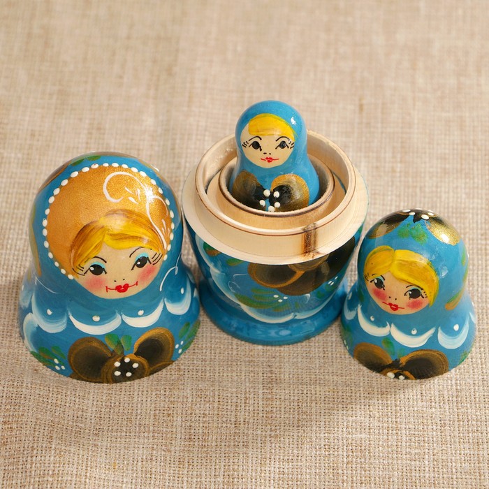 Матрёшка «Цветочек», бирюзовое платье, чёрно-золотой цветок, 3 кукольная, 10 см