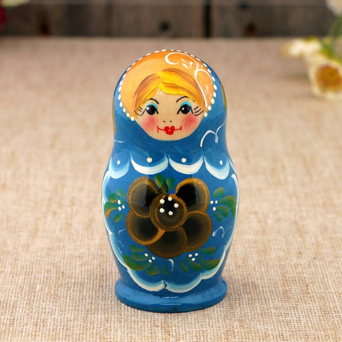Матрёшка «Цветочек», бирюзовое платье, чёрно-золотой цветок, 3 кукольная, 10 см