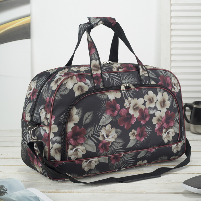 Сумка дорожная "Цветы", 1 отдел, 2 наружных кармана, длинный ремень, цвет чёрный/бежевый