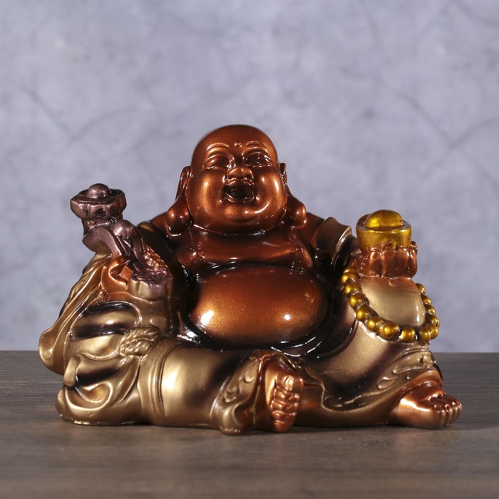 Нэцке полистоун бронза "Хотей со слитком золота и жезлом Жуи" 12,5х15,5х11,3 см