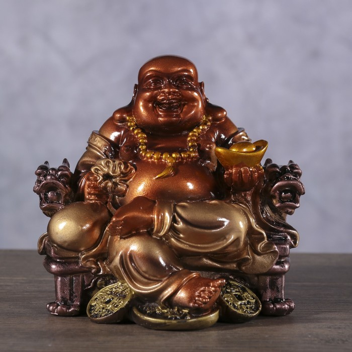Нэцке полистоун бронза "Хотей в кресле с драконом на золотых монетах" 11,5х10,8х11 см