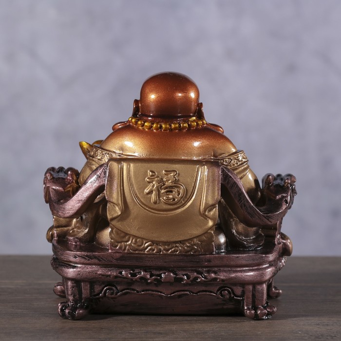 Нэцке полистоун бронза "Хотей в кресле с драконом на золотых монетах" 11,5х10,8х11 см
