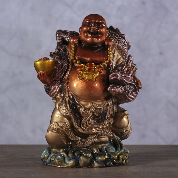 Нэцке полистоун бронза "Хотей с драконом на шее" 17,5х12,3х10,5 см