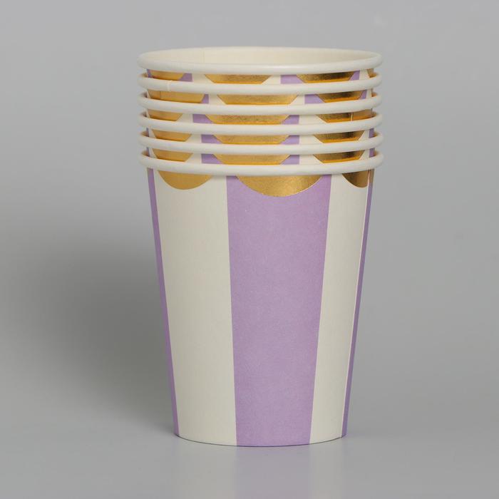 Стакан бумажный "Полоска", набор 6 шт., 200 мл, цвет сиреневый и белый