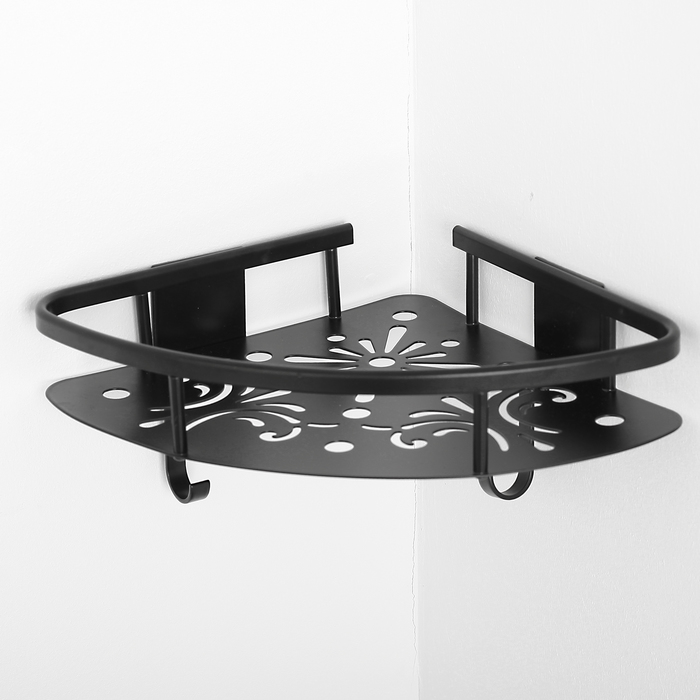 Полка угловая с крючками 28,6х21,5х4,8 см, алюминий, цвет черный
