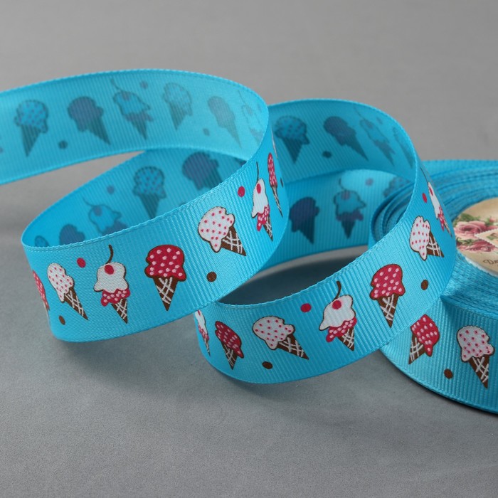 Лента репсовая "Мороженное", 25мм, 22±1м, цвет голубой