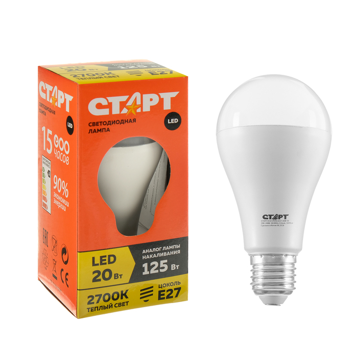 Лампа "Старт" LEDGLSE27, серия эко, светодиодная, E27, 20 Вт, 3000 K