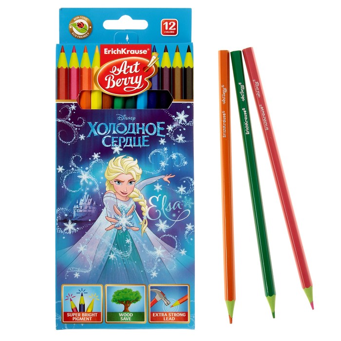 Карандаши 12 цветов Erich Krause "Холодное сердце", шестигранные, пластиковые, грифель 2.6мм, европодвес