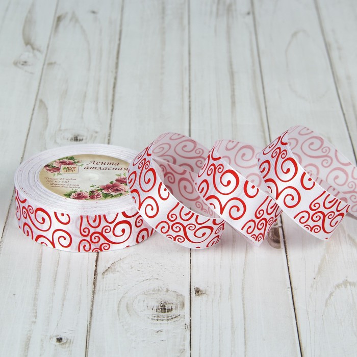 Лента атласная "Узоры", 25мм, 22±1м, №01, цвет красный/белый