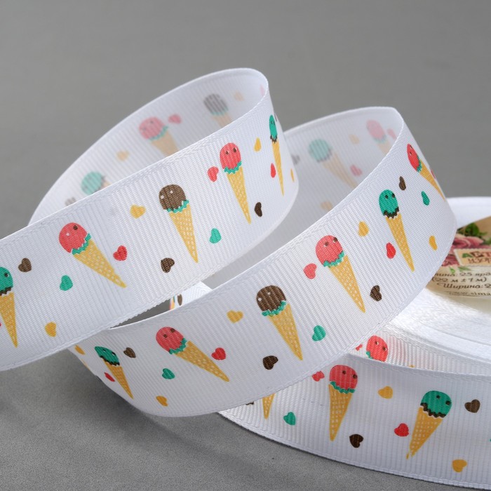 Лента репсовая "Мороженное", 25мм, 22±1м, цвет белый