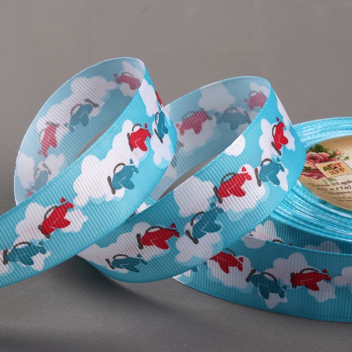 Лента репсовая "Самолёты", 25мм, 22±1м, цвет голубой