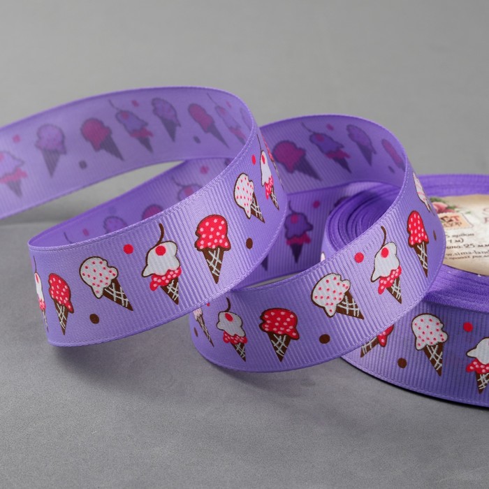 Лента репсовая "Мороженное", 25мм, 22±1м, цвет сиреневый
