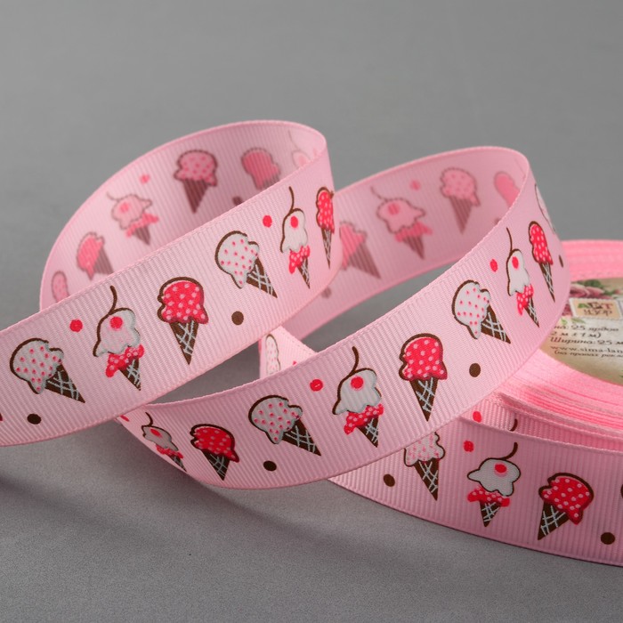 Лента репсовая "Мороженное", 25мм, 22±1м, цвет розовый