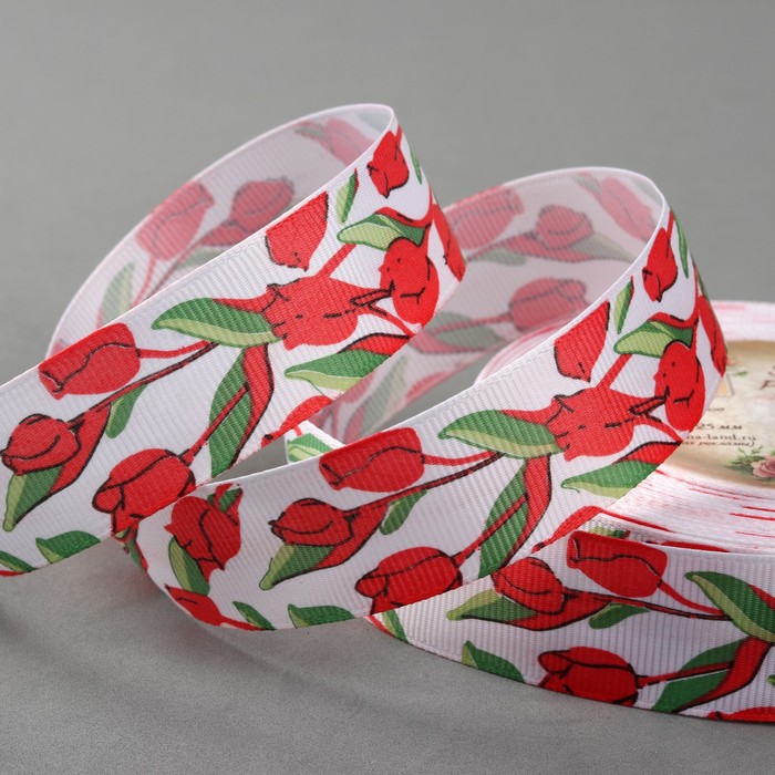 Лента репсовая "Розы", 25мм, 22±1м, цвет белый