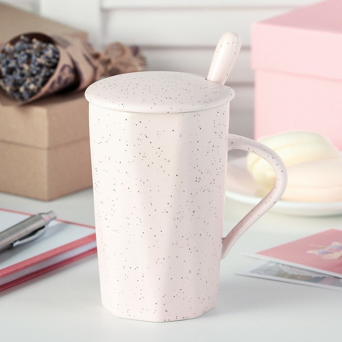 Кружка 300 мл "Крапинка", с керамической крышкой и ложкой, цвет МИКС