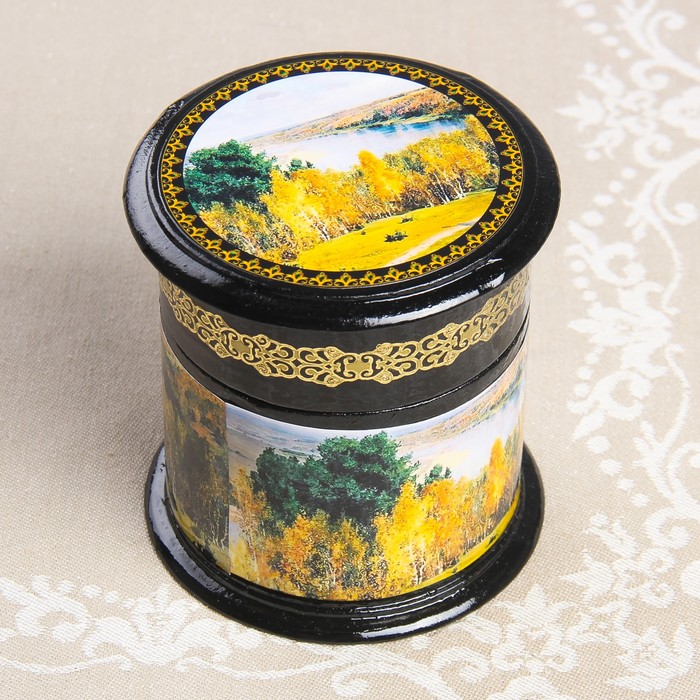 Шкатулка «Лес у озера», лаковая миниатюра, 10×11 см