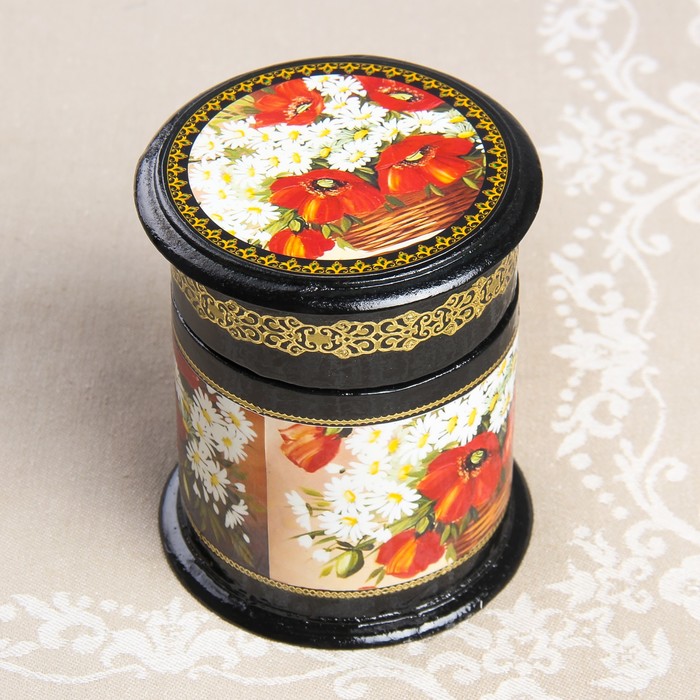 Шкатулка «Маки и ромашки в корзинке», лаковая миниатюра, 10×11 см