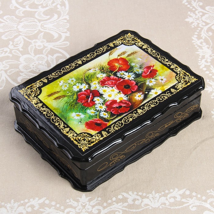 Шкатулка «Маки и ромашки», 17×23×6 см, лаковая миниатюра