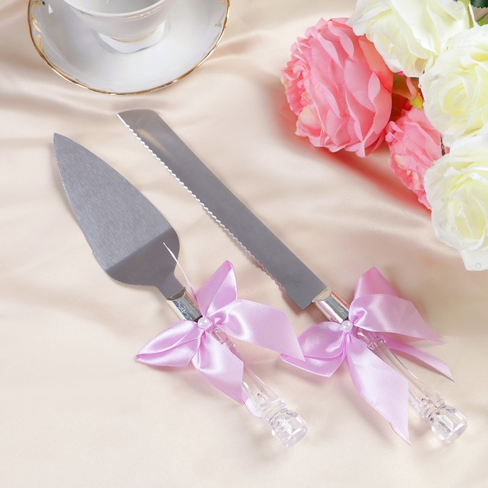 Набор "Свадебный" для торта с сиреневым бантом: нож и лопатка