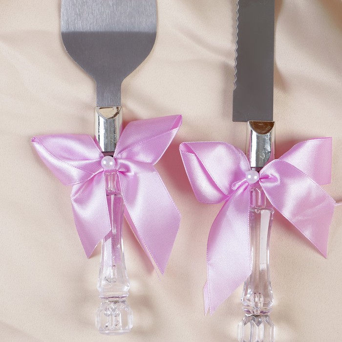 Набор "Свадебный" для торта с сиреневым бантом: нож и лопатка