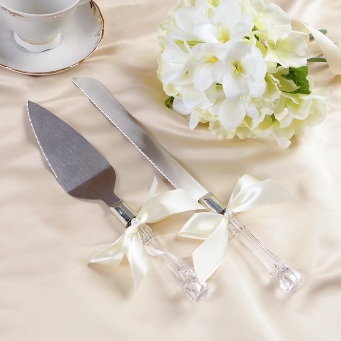 Набор "Свадебный" для торта с бантом шампань: нож и лопатка