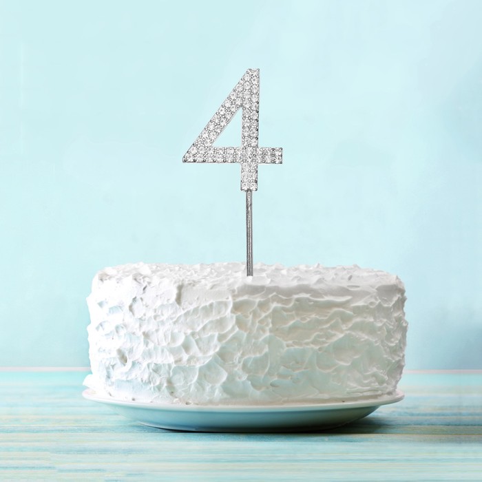 Топпер для торта "4" со стразами, цвет серебро