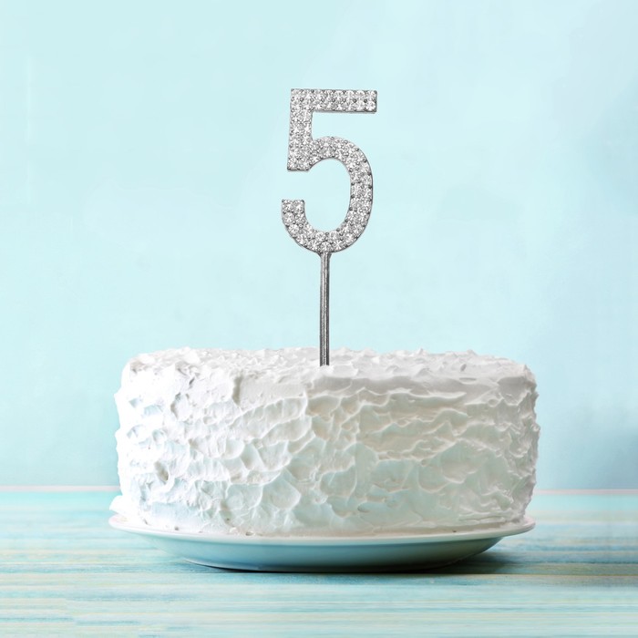 Топпер для торта "5" со стразами, цвет серебро