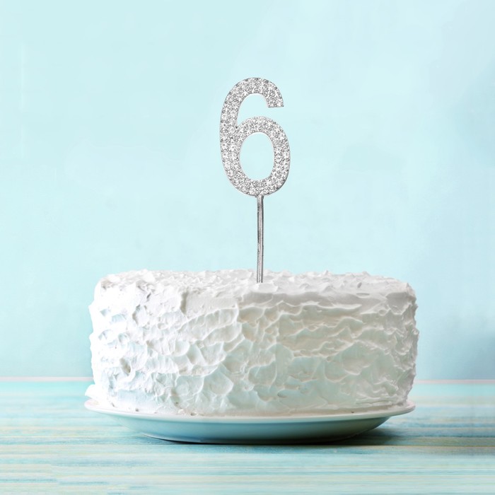 Топпер для торта "6" со стразами, цвет серебро