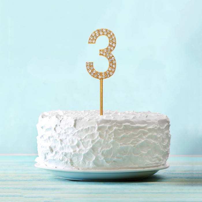 Топпер для торта "3" со стразами, цвет золото