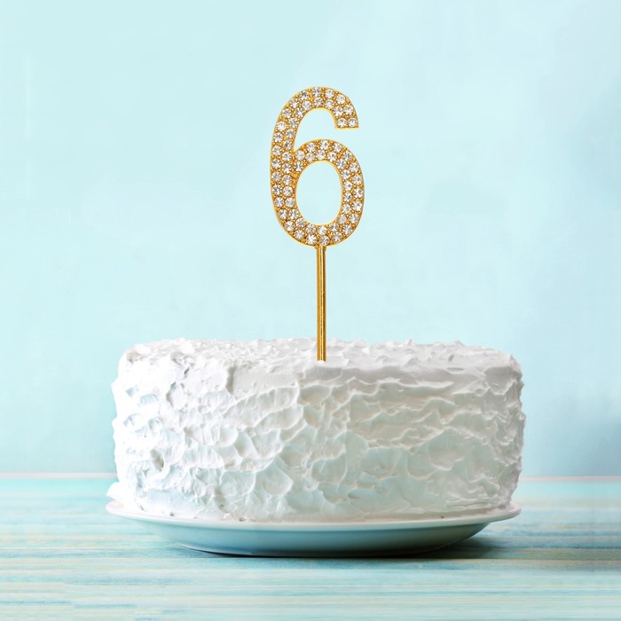 Топпер для торта "6" со стразами, цвет золото