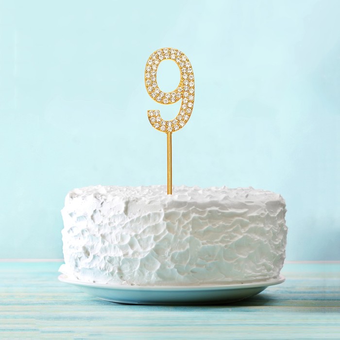 Топпер для торта "9" со стразами, цвет золото