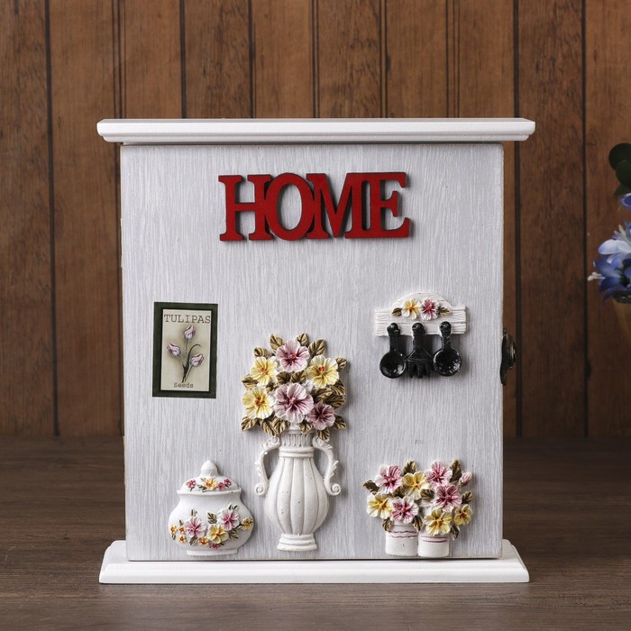 Ключница дерево 6 крючков "Сервиз с плюмериями" 22,5х21х6,5 см