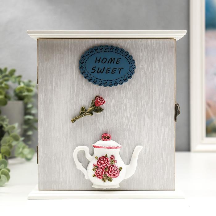 Ключница дерево 6 крючков "Чайничек с розами" 22,5х21х6,5 см