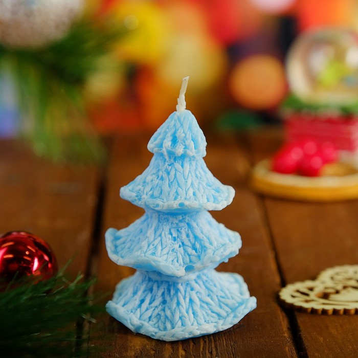 Свеча новогодняя "Ёлка вязаная" голубая, 6х8см
