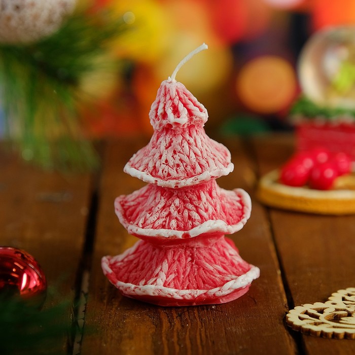 Свеча новогодняя "Ёлка вязаная" красная, 6х8см