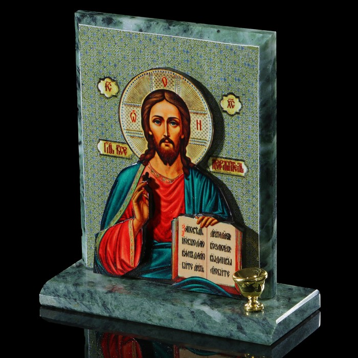 Икона объёмная "Иисус", серый фон, змеевик, с подсвечником