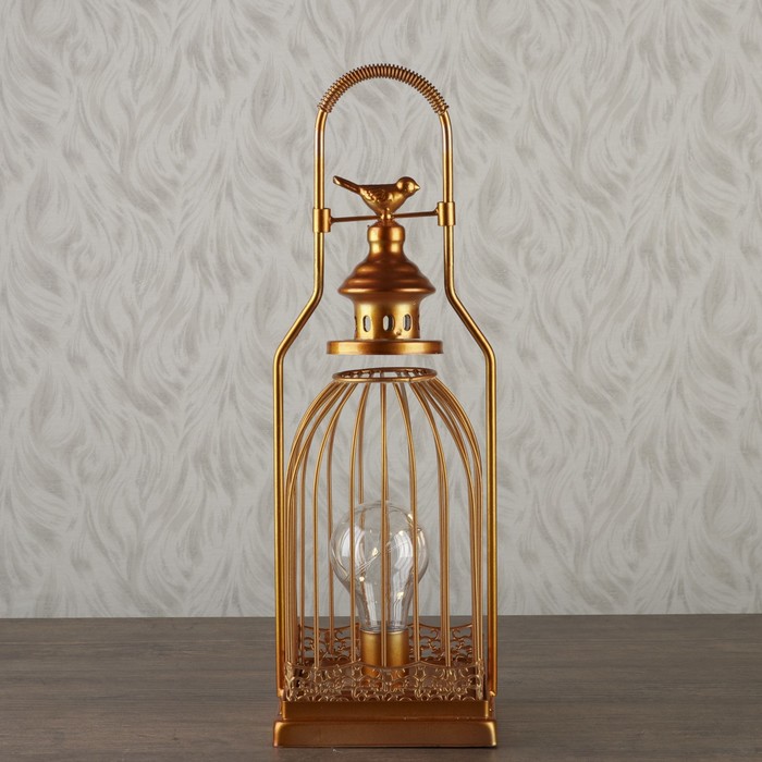 Светильник настольный "Синица на клетке" LED 3хАА золото 12,5х13х38см