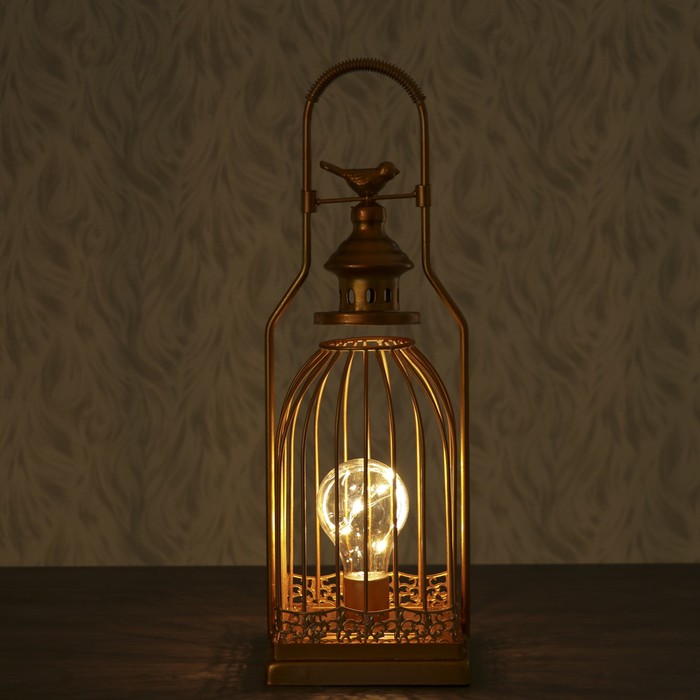 Светильник настольный "Синица на клетке" LED 3хАА золото 12,5х13х38см