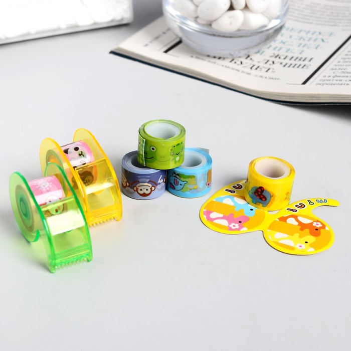 Клейкая лента пластик "Зверята" набор 6 шт длина 1 метр + держатель 2 шт МИКС 13,5х7х1,5см