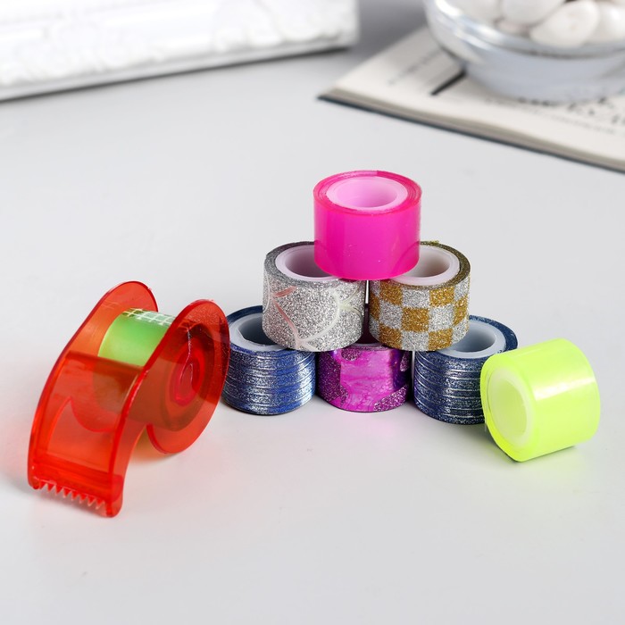 Клейкая лента пластик "Ассорти" набор 8 шт длина 1 метр + держатель МИКС 21,5х6х1,6 см