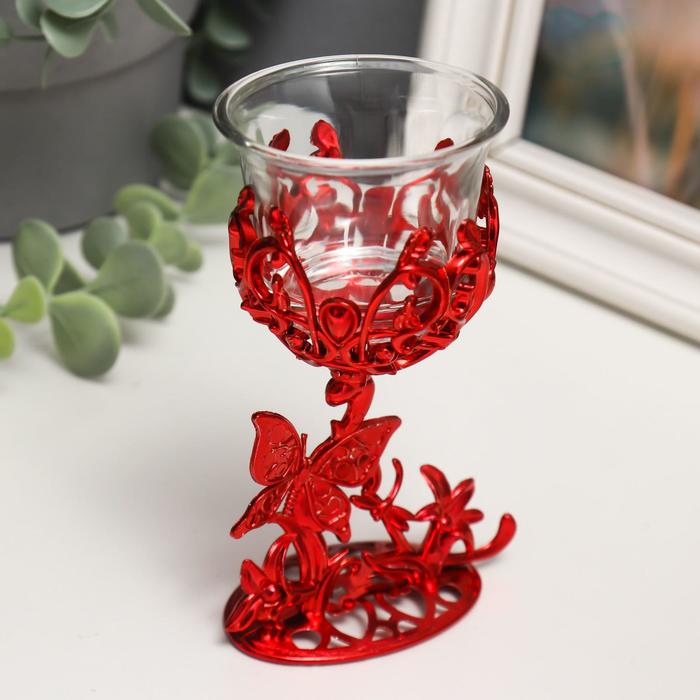Подсвечник пластик, стекло "Бабочка" красный 12х7,5х6 см