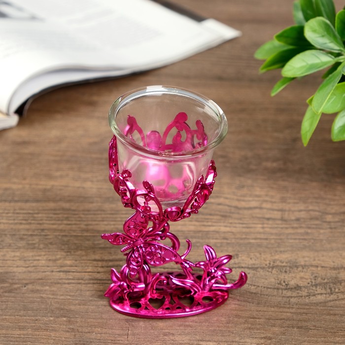 Подсвечник пластик, стекло "Бабочка" розовый 12х7,5х6 см