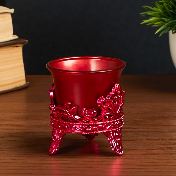 Подсвечник пластик, стекло "Цветок лотоса" красный 6,5х6х6 см