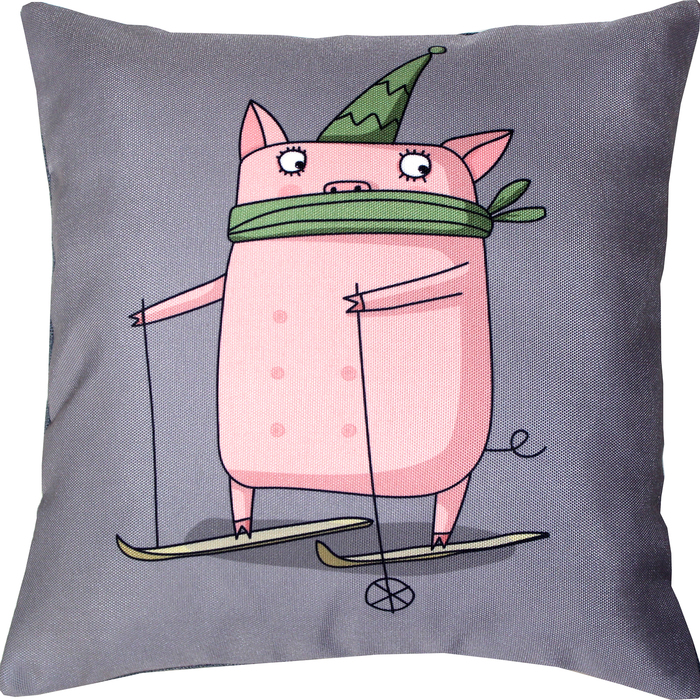 Наволочка Хрюшка на лыжах 38х38 см, саржа, 240г/м, пэ100%