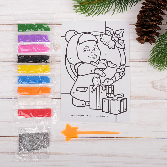 Фреска-открытка "С Новым годом!" Маша и Медведь + 9 цветов песка, блестки,стэка
