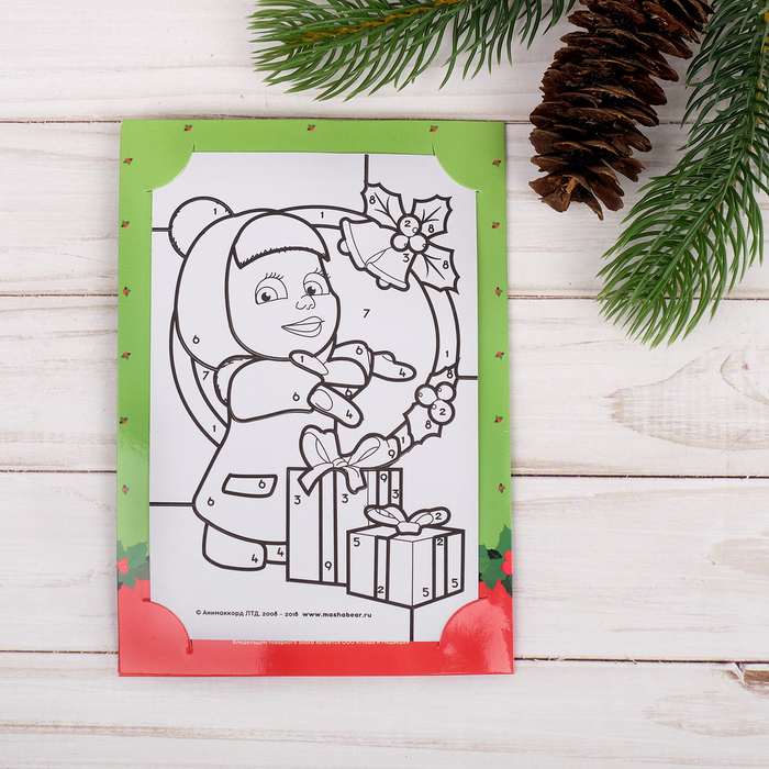 Фреска-открытка "С Новым годом!" Маша и Медведь + 9 цветов песка, блестки,стэка