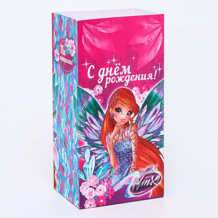 Пакет подарочный без ручек "С днем рождения!", Феи ВИНКС, 10х19,5х7 см