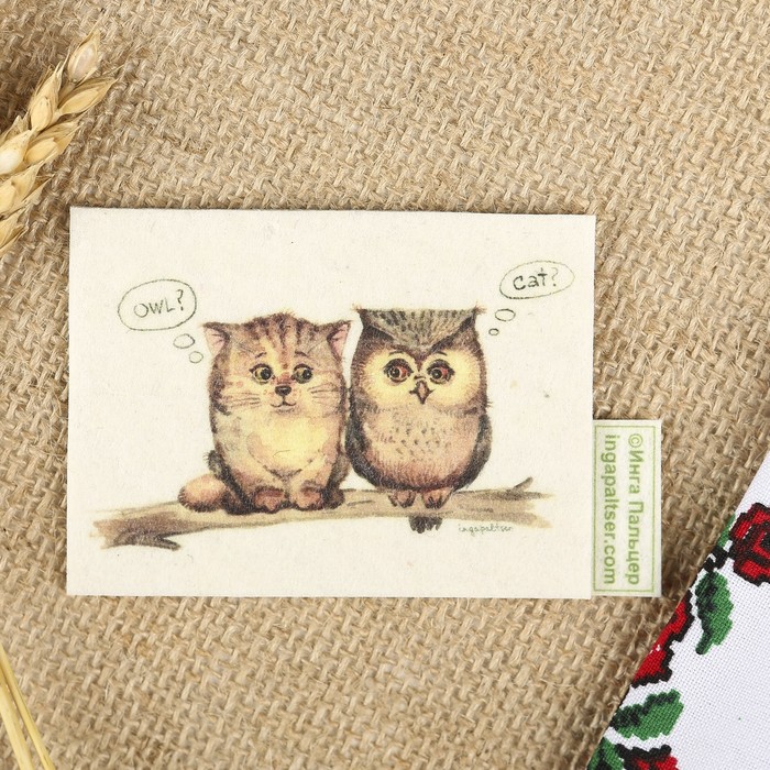 Магнит из войлока " Кот? Сова?" с авторскими рисунками Инги Пальцер