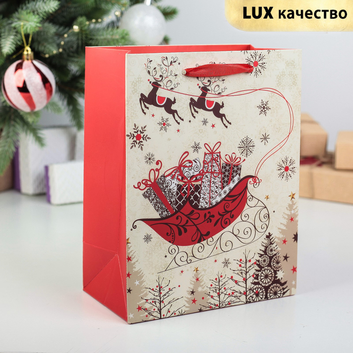 Пакет подарочный "Новогодние сани", 31 х 12 х 42 см